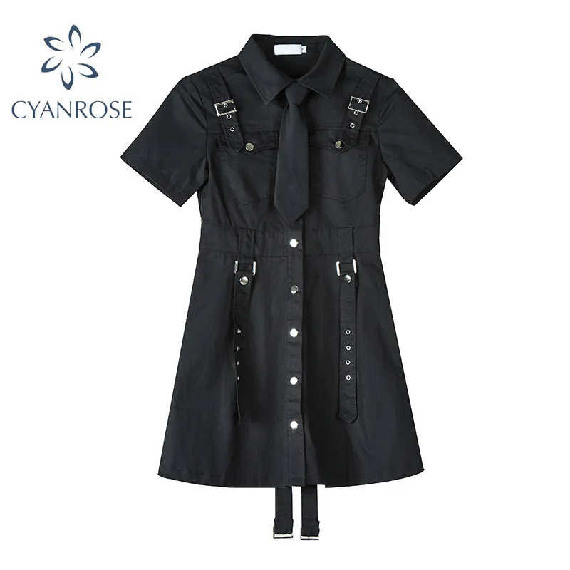 Women Short Sleeve Gothic shirt Dress Japanese Harajuku Punk Style Belt Streetwear vintage black gothic style dresses women 210417