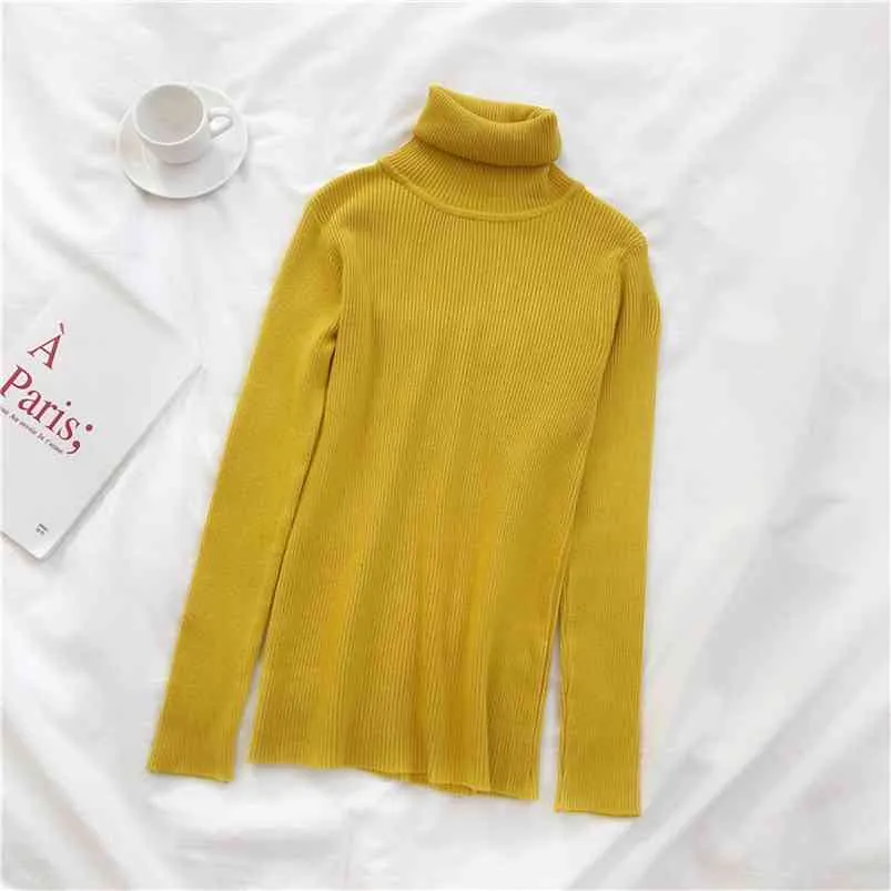 Jesień zima damski sweter Koreański jednolity kolor wysokiej szyi slim-fit slim slim długi rękaw żeński dolne topy GX737 210507
