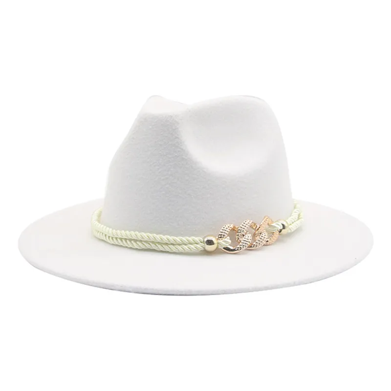 女性のためのフェドーラス帽子マテルロープチェーンバンドベルトジャズキャップワイドスリムチャーチパナマブラックホワイトフェルトウィンターウーマン帽子