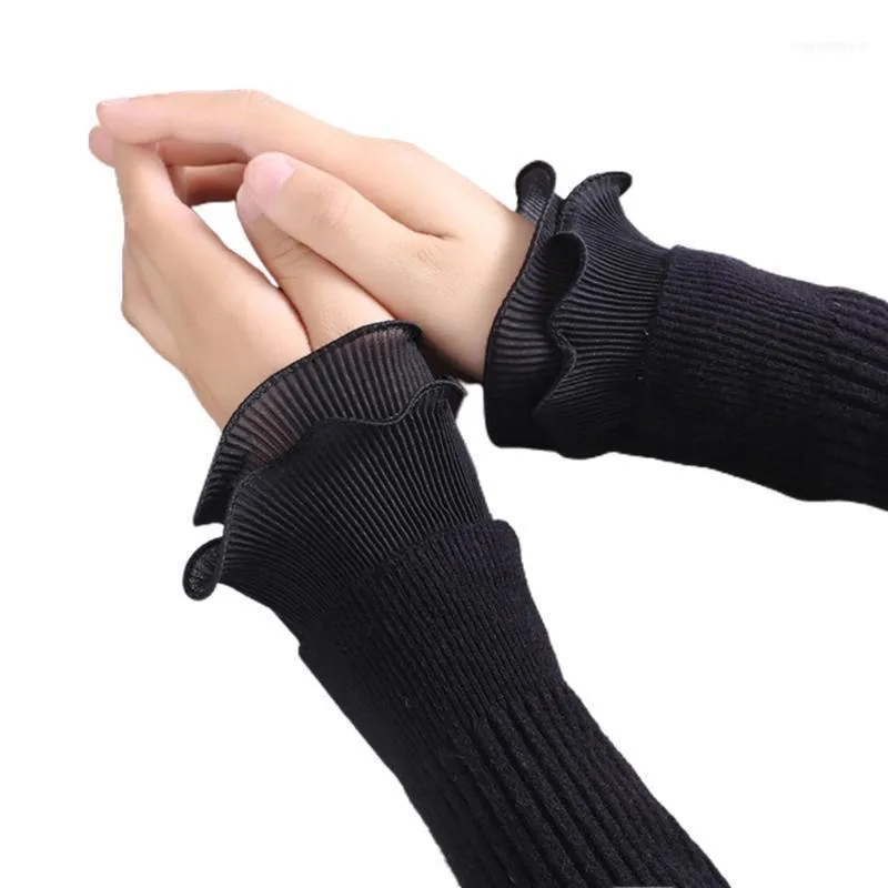 5本の指の手袋レディース装飾的な偽の袖二重層のしわの袖口の袖口の暖かい暖かい人LX9E1