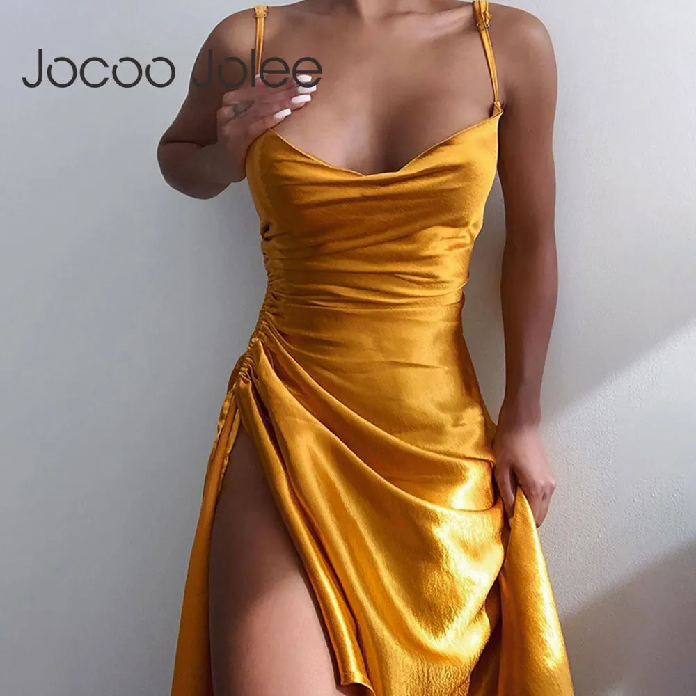 Women Summer Sexy Strap Pleated Dress Elegant Solid Split Knee-length Casual Slim Satin Bodycon Evening Party 210518