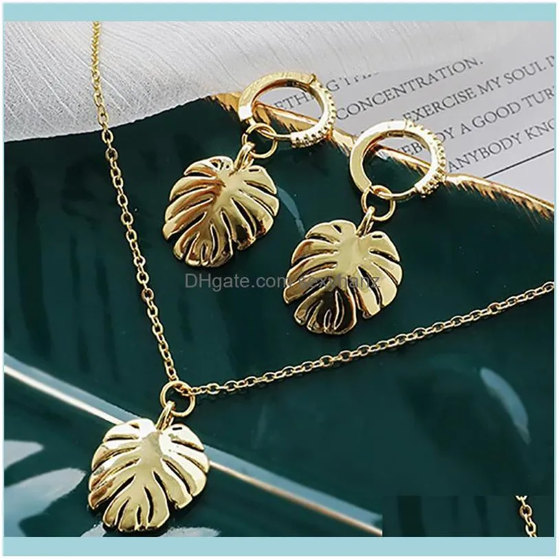 Fashion Female Women Jewelry Set Vintage Gold Color Earrings For Simple Leaves Pendant Choker Necklace 2021 Brincos &