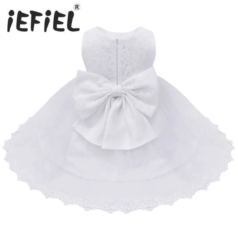 2020 infantile bébé filles robes de fleurs robes de baptême nouveau-nés bébés baptême brodé princesse anniversaire blanc arc robes Q0716