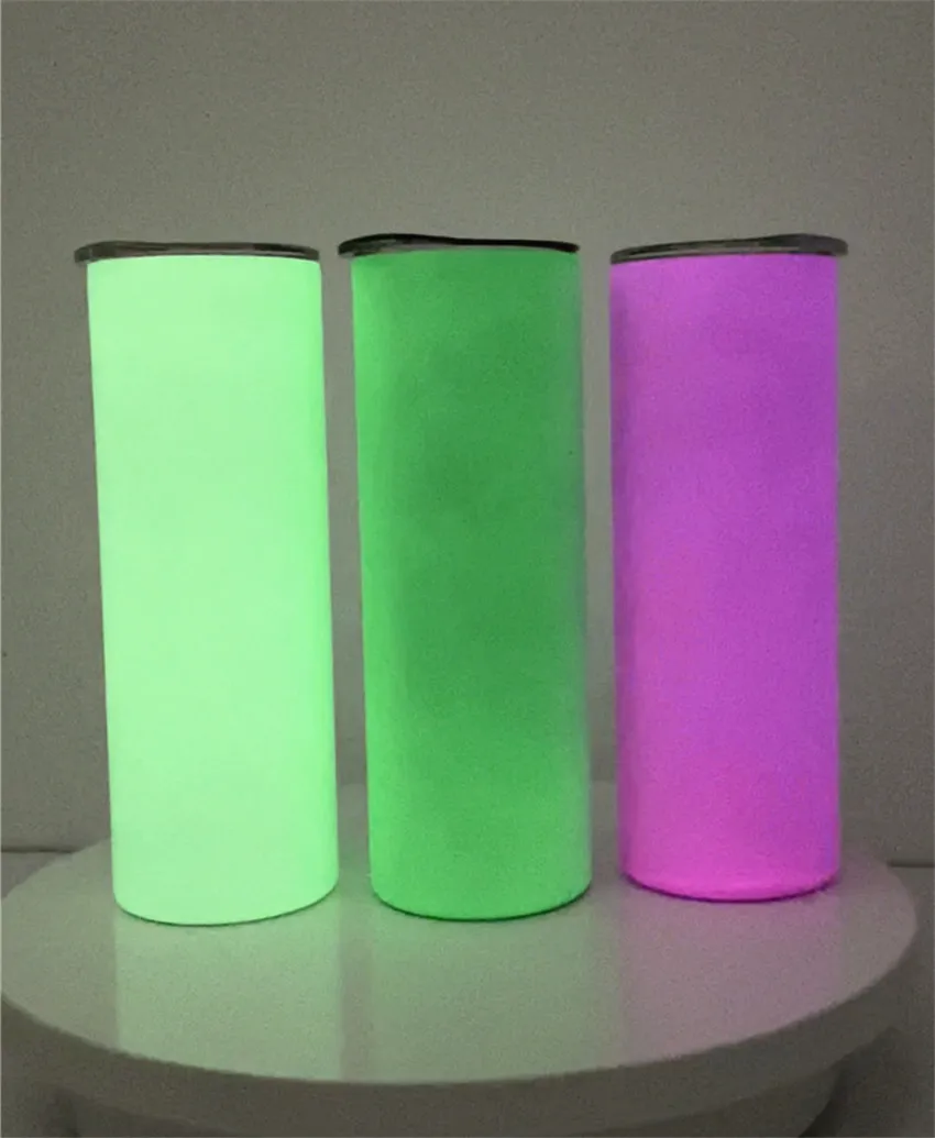 Wholesale! 20oz Sublimation Skinny STRAIGHT GLOW Tumblers Pink Green Blue White Blank Luminous Paint Cups Stainless Steel Water Bottles Drinking Milk Mugs A12