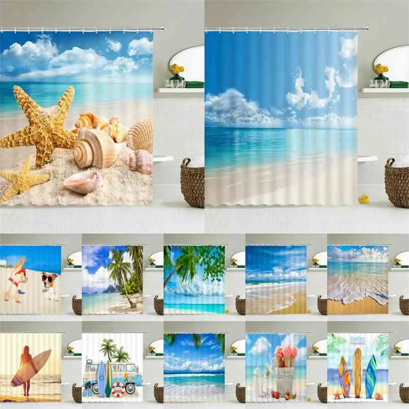 3d Beach Scenery Shower Curtains Sea Ocean Mediterranean Bathroom Waterproof Cloth Decoration 180*240cm Bath 210915