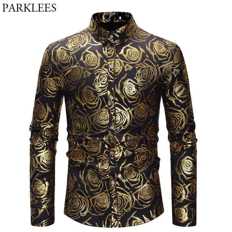 Mäns 3D Golden Rose Design Slim Fit Långärmad Button Down Floral Printed Dress Shirts Prom Performing Shirts Camisas Hombre 210522