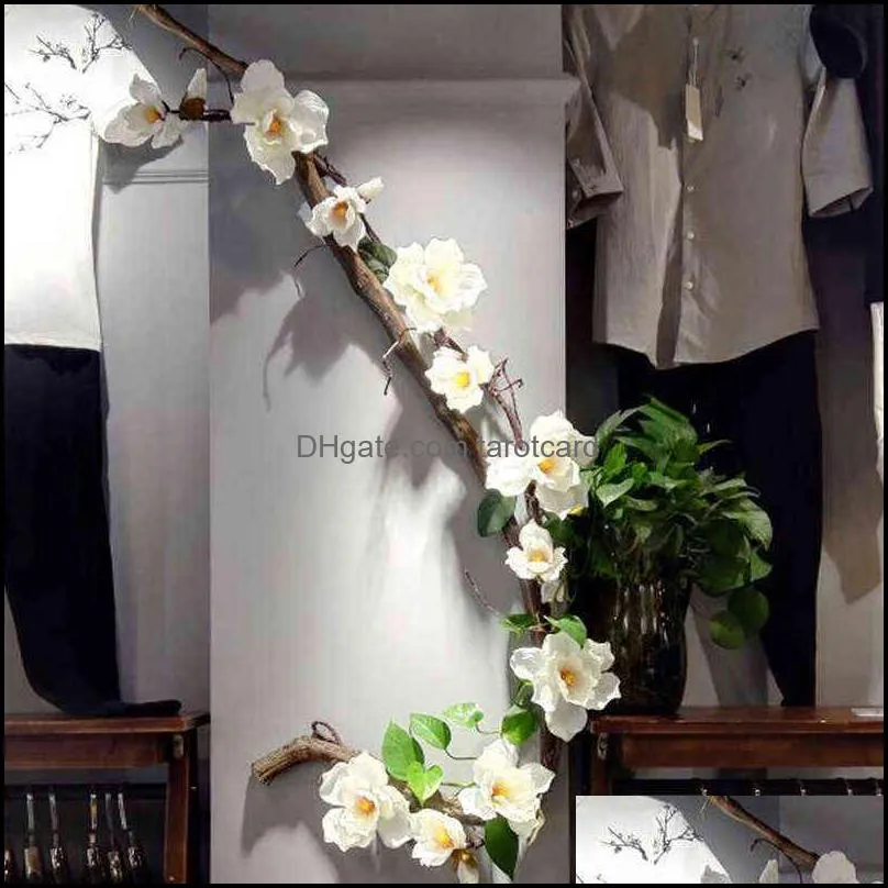 185cm Artificial Magnolia Flower Rattan Silk Fake Flower Vine Azalea Arbitrary Bending Branches Wedding Home Decor 220110