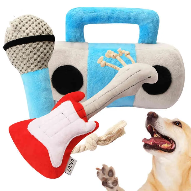 Funny Pet Plush Toy Simulation Microphone Guitar Speaker Vocal Dog Toy Bite Resistant Molar Teeth Cleaning Doll
