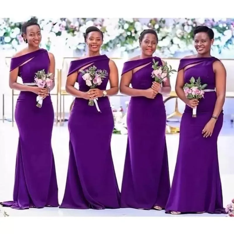 紫色の花嫁介添人のドレス肩から人魚のドレスは、肩からルーチされたサイズの床の長さシフォンビーズウエストメイドの名誉ガウンウェディングゲストパーティーウェア