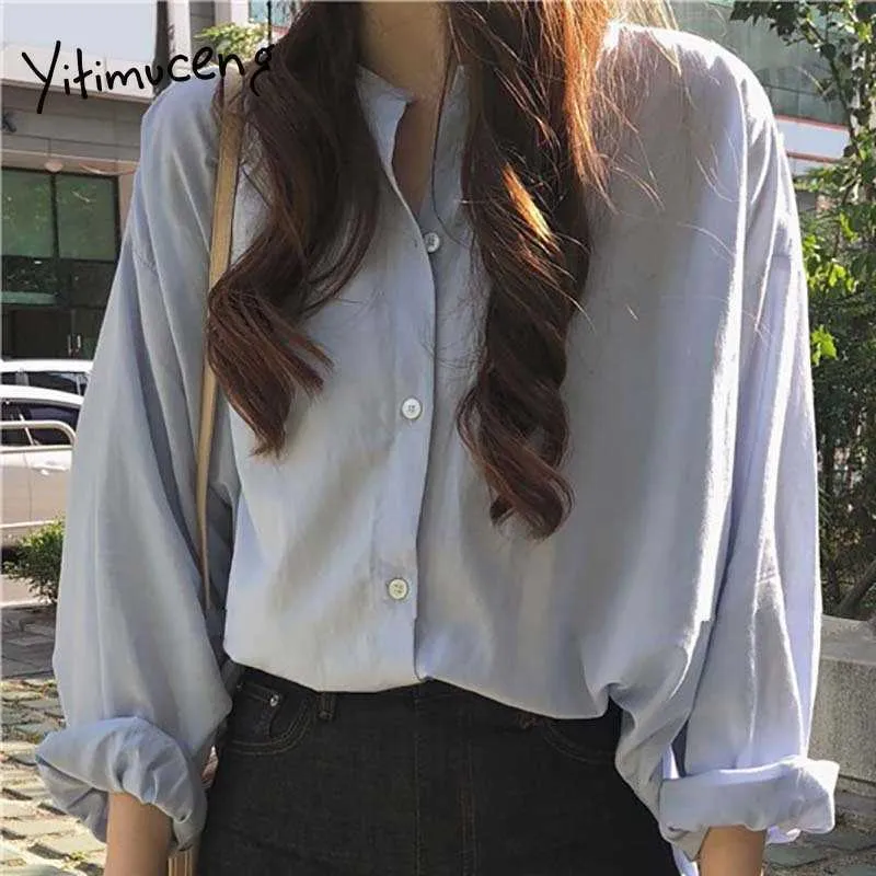 Yitimuceng Button Up Blouse Women Casual Straight Shirts Unicolor White Blue Clothes Spring Summer Korean Fashion Tops 210601