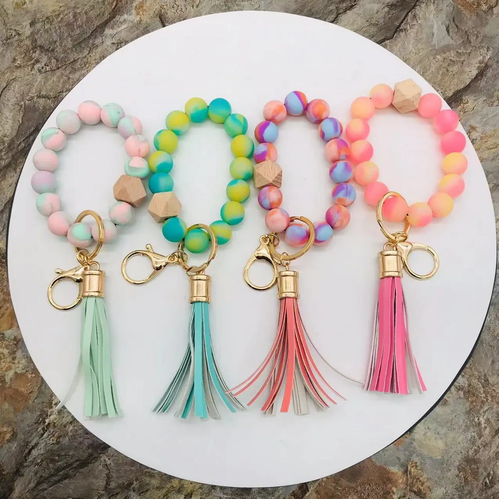 Handmade stretched spring rainbow silicone beads bangle keychains pu leather tassel wristlet bracelet keyrings for 2022 YD65