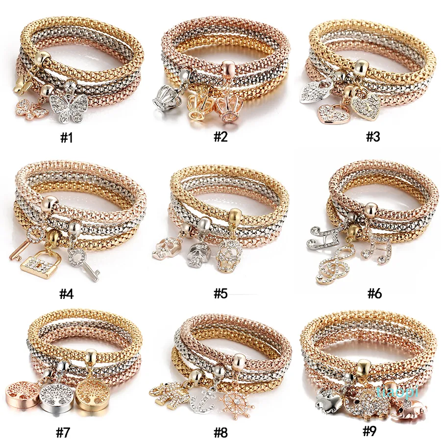 3 pz/set Gufo di Cristallo Corona Cuore Bracciali Strass Elefante Cranio Musica note farfalla Serratura a chiave Albero della vita Gioielli Braccialetto di Fascino