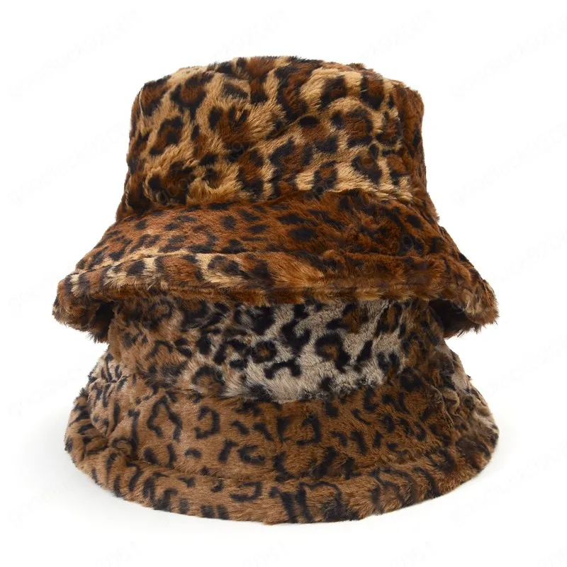 Cappelli da pescatore invernali da donna in pelliccia sintetica leopardata Lady Girl Cappello da sole da viaggio all'aperto Panama Cappello da pescatore in morbido velluto spesso caldo