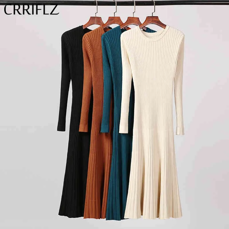 Herbst Winter Langarm Strick Kleid Frauen Büro Dame Oansatz Feste Knielangen Bodycon Crriflz 210520