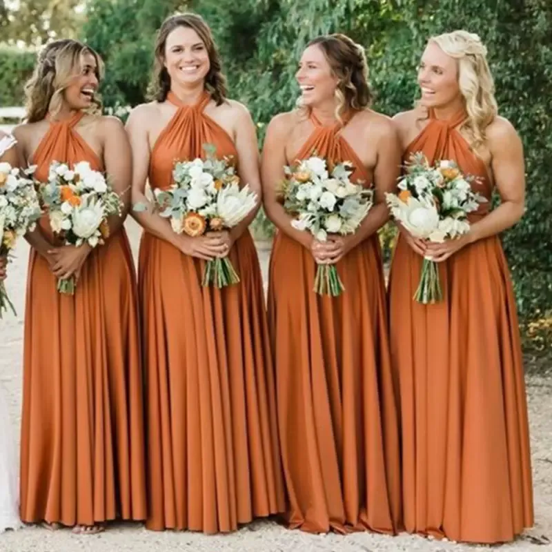 Robes de demoiselle d'honneur orange foncé une ligne licou hors de l'épaule longueur de plancher grande taille en mousseline de soie sur mesure robe de demoiselle d'honneur pays tenue de fête de mariage vestidos