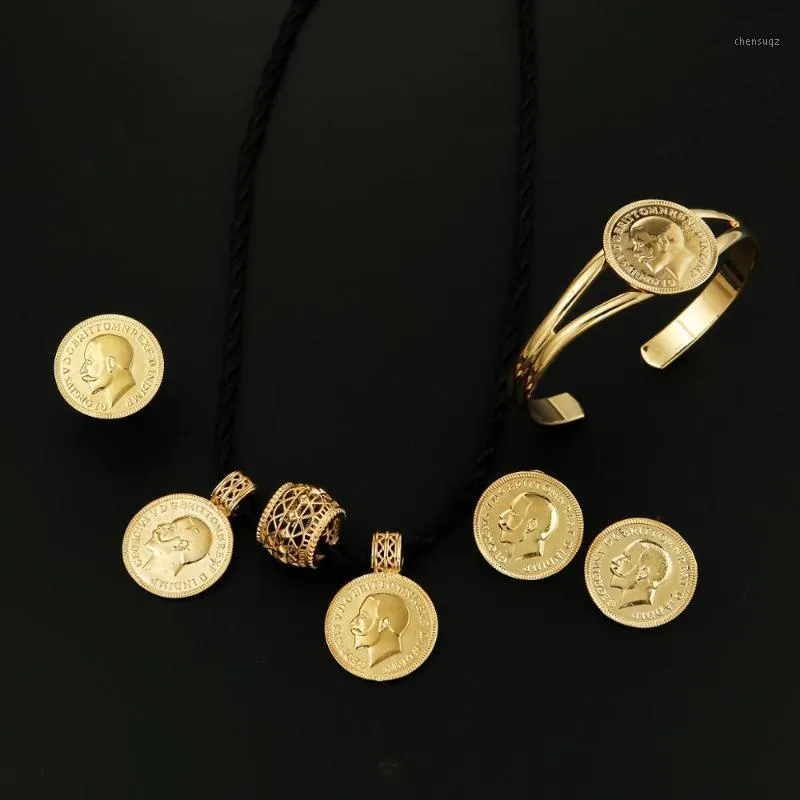 Örhängen Halsband 24k Guldfärg Etiopiska Mynt Smycken Set Kvinnor Bridal Engagement Charm