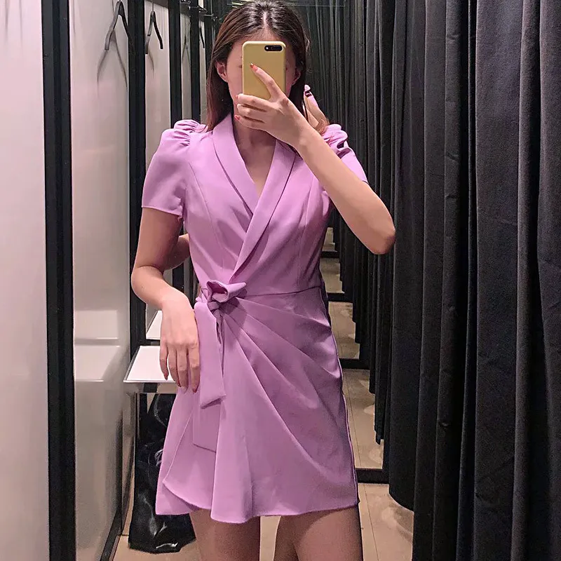 Kadınlar Vintage Moda Ofis Giyim Blazer-Stil Şifon Tatşa Crossover V Boyun Puf Kollu Yay Bağlı Chic Kadın Tulum 210422