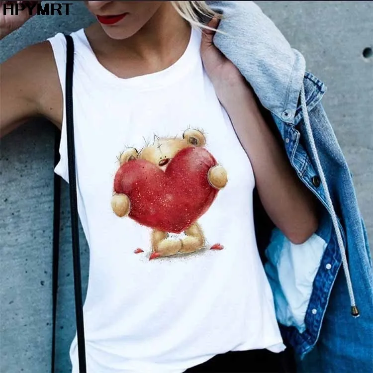 Новые летние бак топы женщин мультфильм медведь обнять любовь печать камизол топ футболка Femme Sexy Slevelloose жилет плюс размер белый x0507