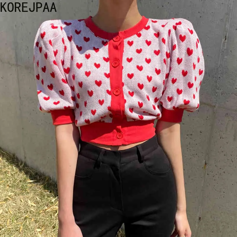 女性のセーター夏の韓国のシックな女の子甘い年齢軽減愛刺繍シングルブレストパフスリーブニットカーディガン210514