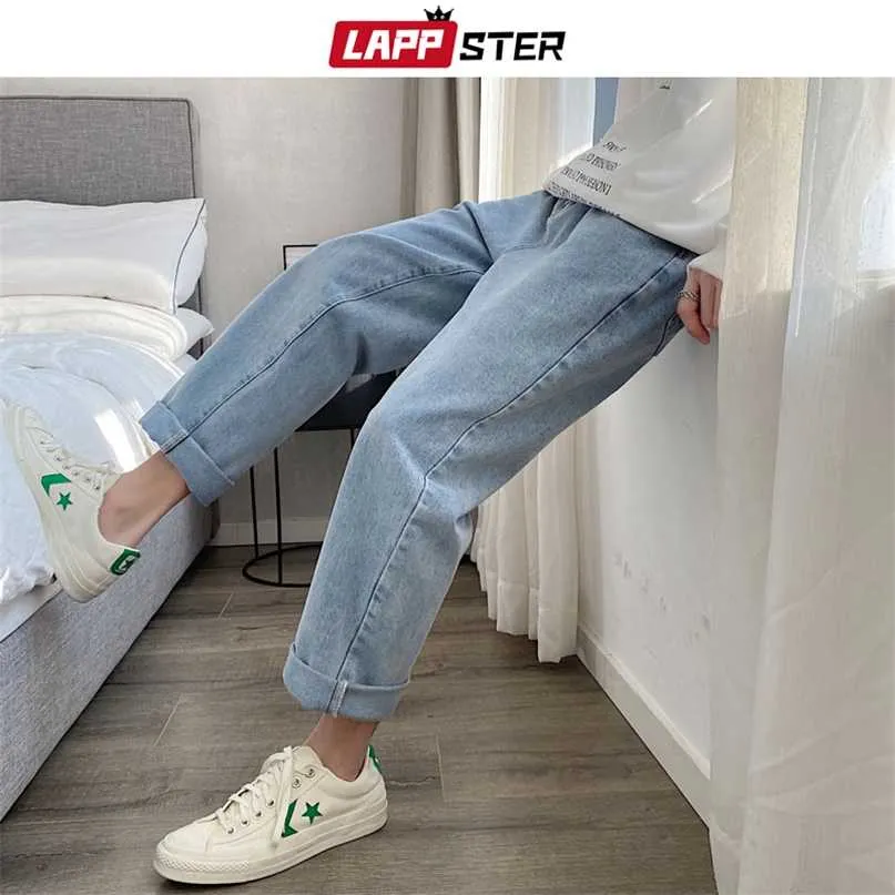 Lappster homens vintage kpop luz azul jeans homens casual streetwear solto harem calças macho de grandes dimensões de cintura alta denim 211108