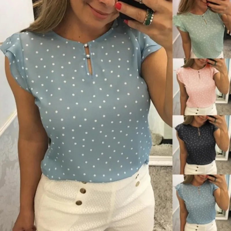 T-shirt Femme Summer Fashion New Lasies Polka Dot Imprimé Mousseline de soie Col rond Sans manches Tops Casual Bouton lâche T-shirt 210422