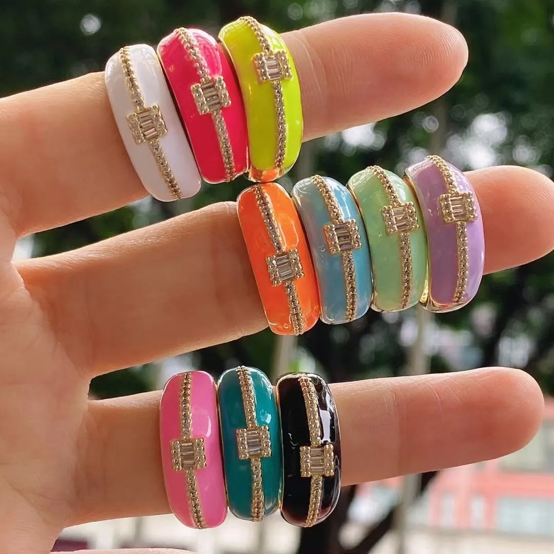 5Pcs Bohemian Style Summer Jewelry Colorful Enamel Cubic Zircon Finger Women Adjustable Ring