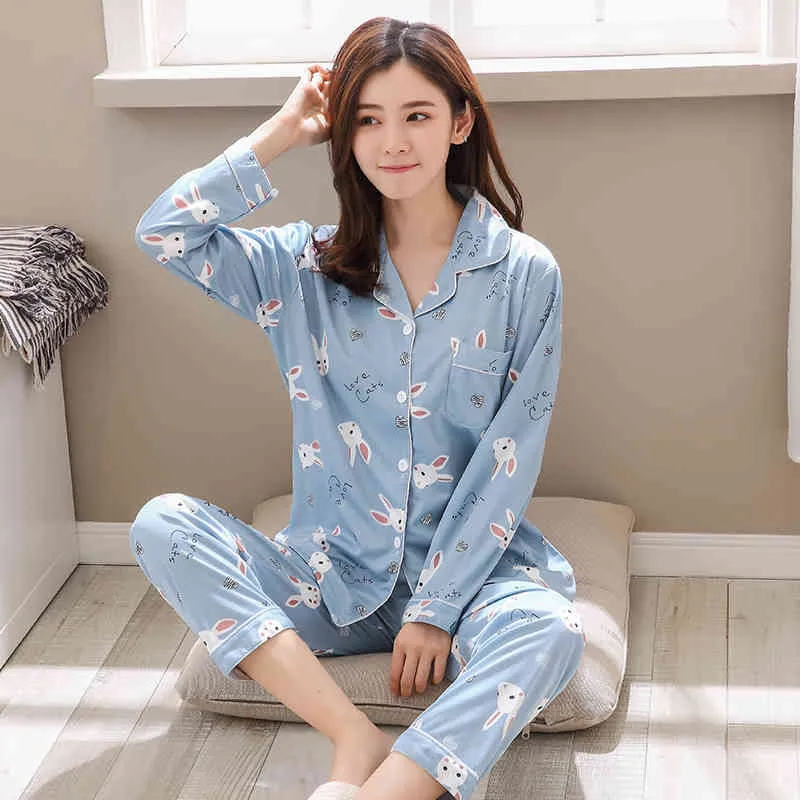 Novo impressão dos desenhos animados Pijamas de outono para mulheres Homewear meninas suor cute pijama cintura calças soltas sleepwear conjunto casual pjs x0526