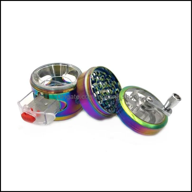 Hand Crank Rainbow Grinders Colorful Sharpstone Grinders Zinc Alloy Metal Grinder 63mm 4 Layers Dry Herb Grinders Herb Crushers BH3958