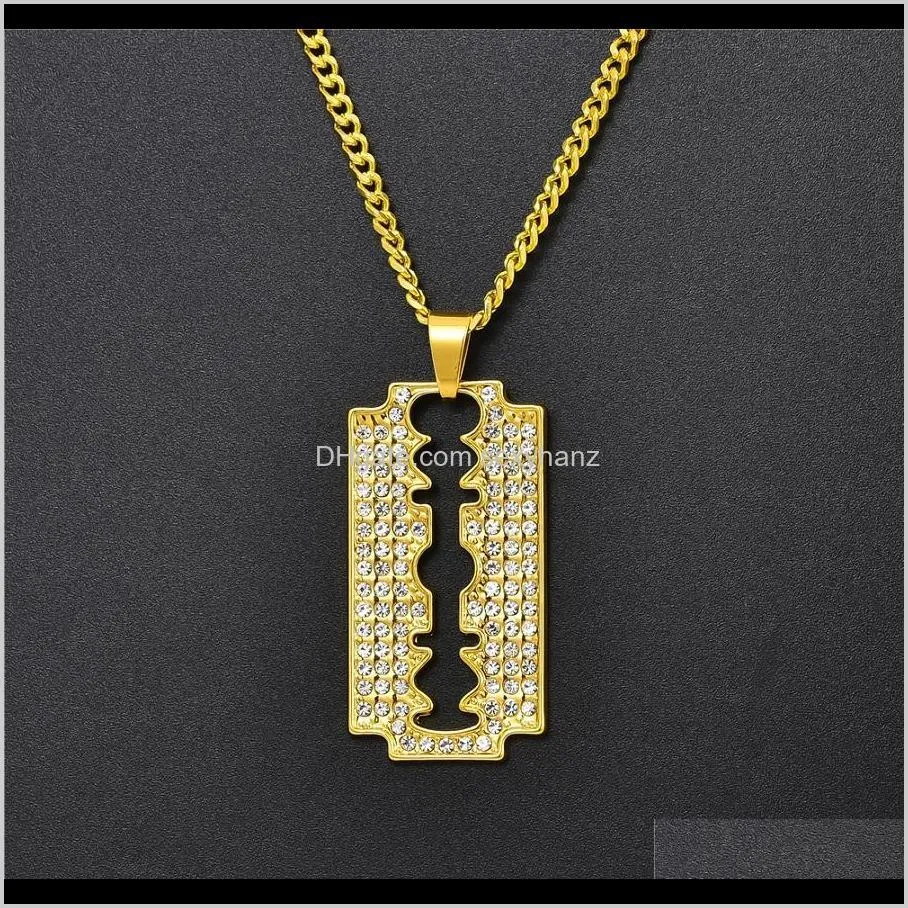 fashion men iced out blade pendant necklace hip hop jewelry full rhinestone design 18k gold plated 60cm long chains punk necklaces for