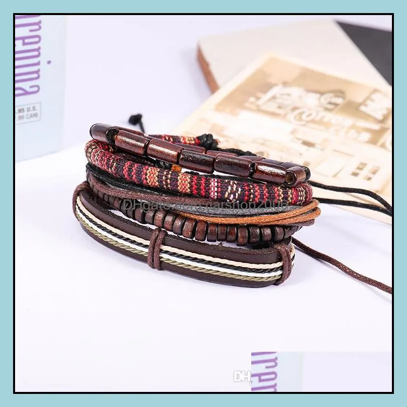 Vintage multi-piece set of hand-made wood bead wax rope leather bracelet male 2019 new