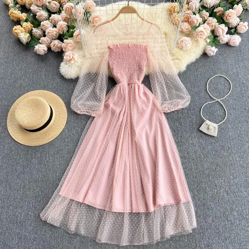 Przypadkowe sukienki 2021 Wiosna i jesień O- kołnierz Rękaw Puff Sukienka Plaży Midi Sukienka Kobiety Eleganckie Słodki PinkBlue Cupcake Mesh