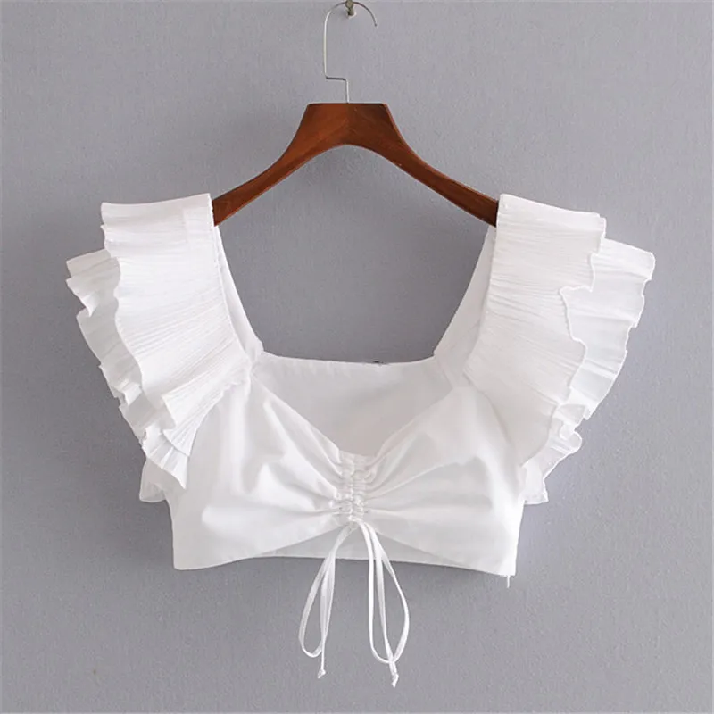 Sexig Ruffled White Crop Top Deep V Nacke Ärmlös Baklösa Pläterade Korta Blusar Skjortor Kvinna Söta Söt Toppar 210430