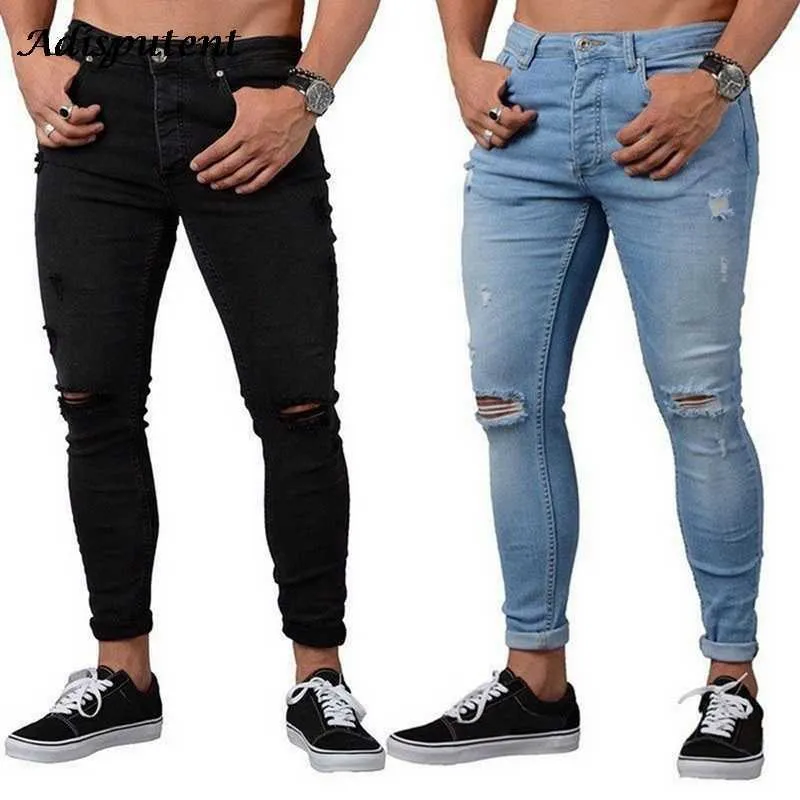 Adisputent 2021 Jeans strappati da uomo Casual Nero Blu Pantaloni skinny slim fit in denim Biker Jeans hip-hop con pantaloni in denim Holel sexy X0621