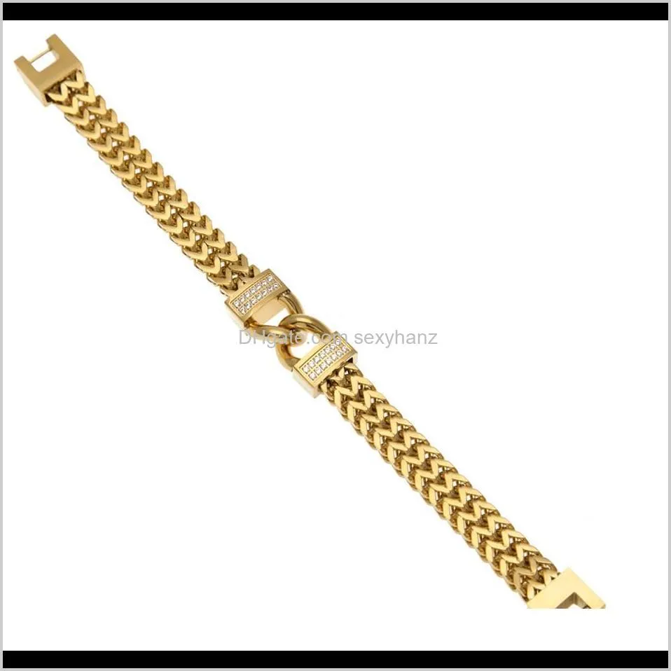 12mm men gold stainless steel chain link bracelet hip hop style inlay zircon wristband bangle fashion punk jewelry 20cm