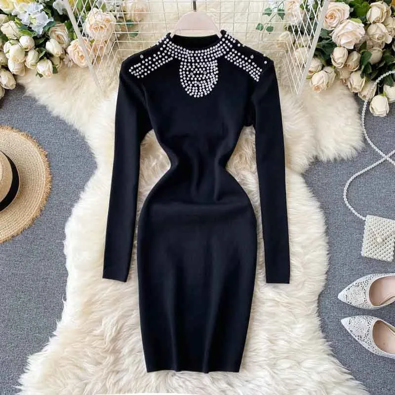 Retro Boncuk Örme Elbise Kadın Moda Standı Yaka Ince Elastik Elbise Sonbahar Kış Katı Bodycon Kazak Elbiseler 210419