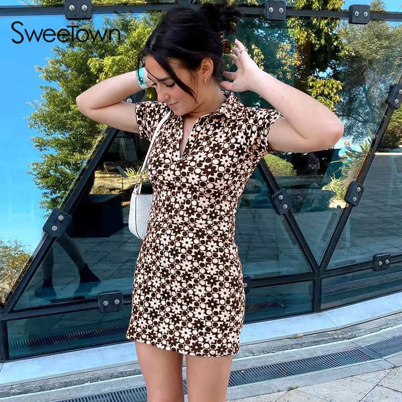 Sweethown Vintage Floral Impressão Y2K Manga Curta Vestido Primavera Verão 2021 Mulheres Moda Desativar Collar Bodycon Mini Vestidos X0521