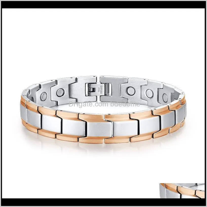 Autre livraison directe 2021 Bracelet de thérapie d'énergie bio-magnétique pour hommes Bracelet bicolore en argent et chaîne en acier inoxydable doré rose Bracelets de santé Unis