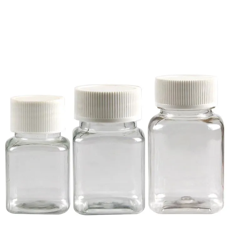 30ml 50ml 80ml Transparent Square Petflaska, Förpackningsflaska, Kapsulflaska, Plastflaskor med vitlock Sn3270