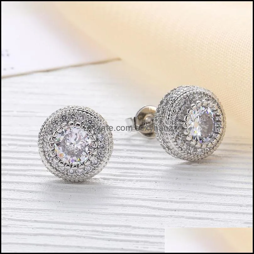 Hip Hop Round Stud Earrings for Men Women Gold Silver Iced Out CZ Earring With Screw Back Jewelry 1149 B3