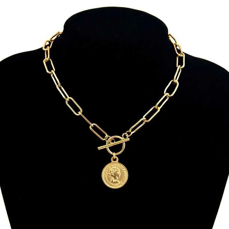 Luxo designer colar vintage esculpido moeda colares para mulheres de aço inoxidável cor ouro medalhão pingente longo gargantilha boho jóias collier