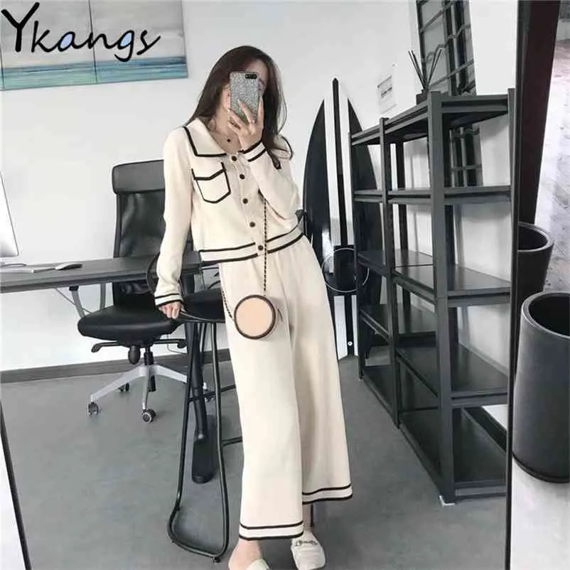 Fashion Striped Knitted Two Piece Suit Women Elegant Single Breasted Long Sleeve Top And Knit Wide Leg Pants Korean Black 210421