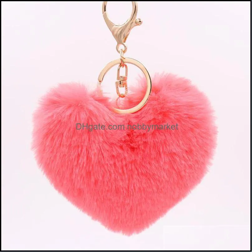 Super Noticeable Pom Pom Keychains Fluffy Heart Shape Pompoms Keyring Faux Rabbit Puff ball Key Chain for Valentine Day Gift