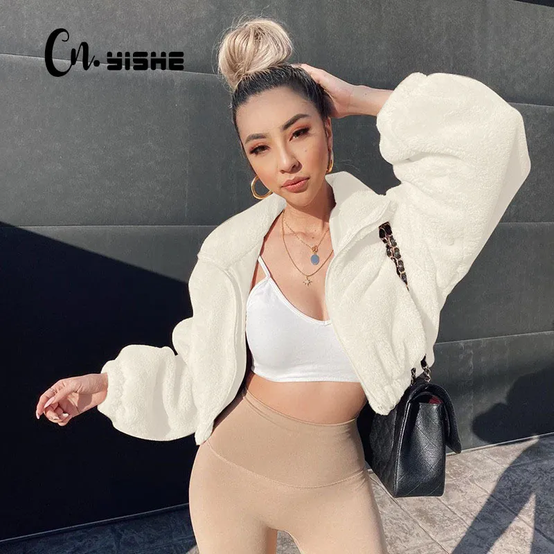 CNYISHE À Manches Longues Fourrure Floue Sweats Femmes Crop Tops Mode Automne Solide Tenues Streetwear Zipper Sexy Sweat Casual 210419