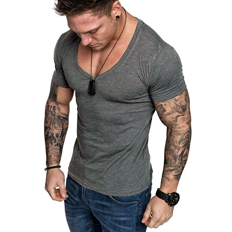 Casual fitness t-shirt mens ocasional v-pescoço de manga curta tshirt esportes fino ajuste camiseta masculino bodybuilding treino roupas de verão