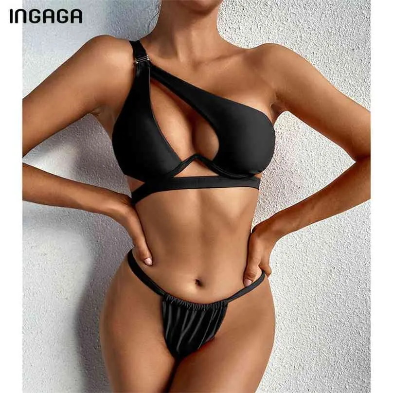 Ingaga Push Up Bikinis Dames Zwempakken Cut Out Swimwear Sexy Black Biquini Micro Thong Bathing Past One Shoulder Bikini Set 210611