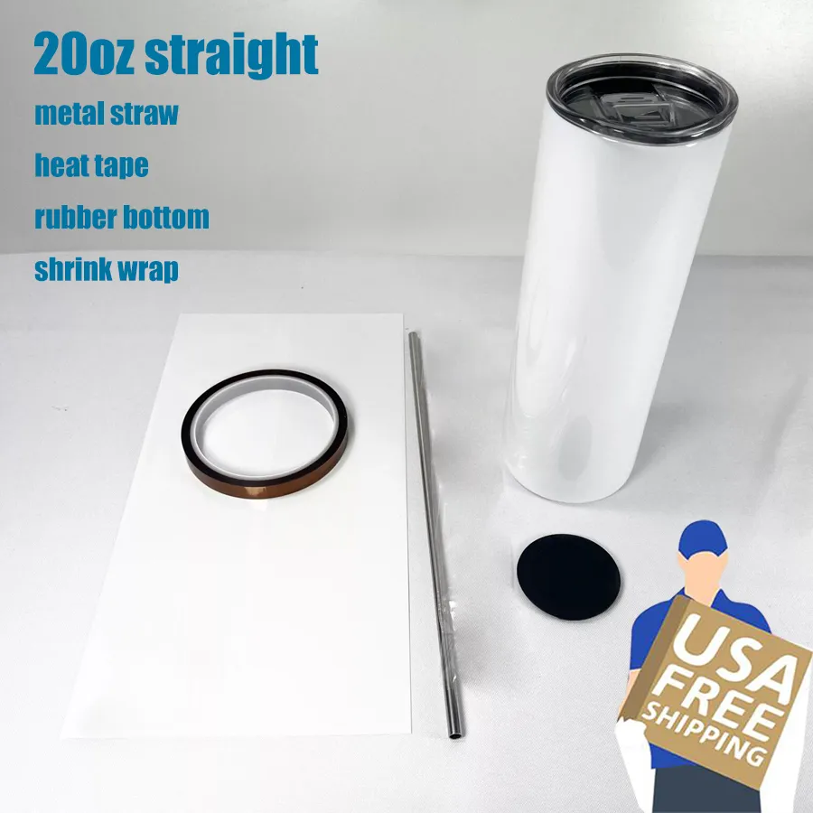 US-Lager 20oz Sublimation Straight Tumbler Metallstrohhalm und Gummiboden-Heizband-Schrumpffolie-Einsteigerset