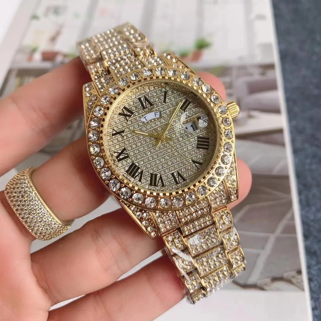 Men s Iced Out Diamond Watch Stainless Steel Luxury Week Calendar Analog Quartz Wristwatch