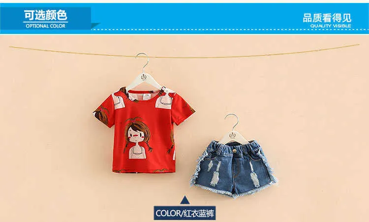 Girls Clothing Set O-neck Sleeveless Summer 2-10 Years Kids Girl Red Cartoon T Shirt+Denim Jeans Shorts 2 Pcs Suit Set (6)