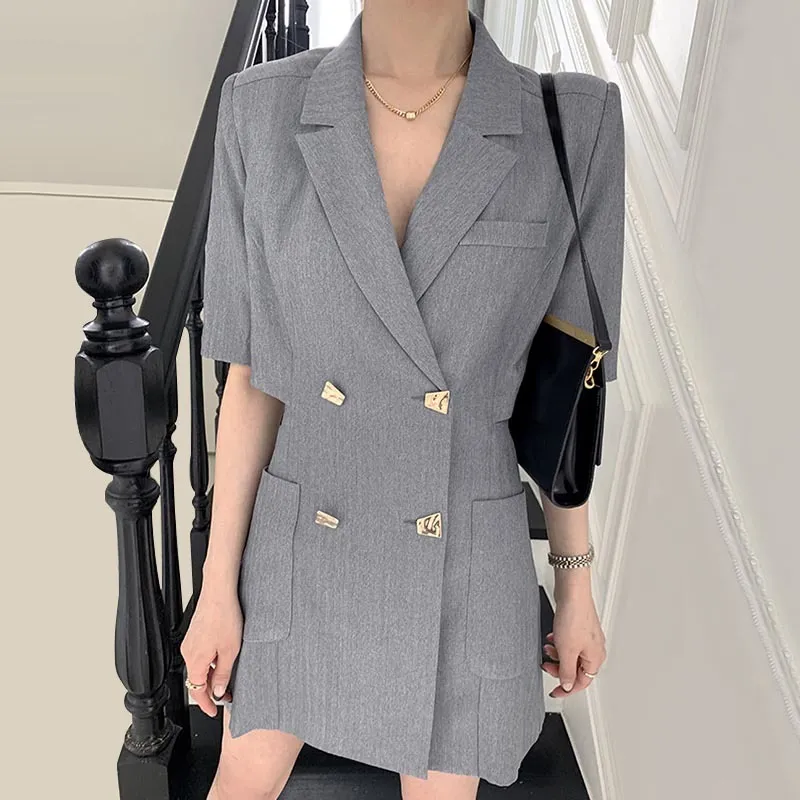 Summer Kvinna Slim Office Lady Hollow Out Notched Collar Kortärmad A-Line Double Breasted Blazer Dress 2F0554 210510