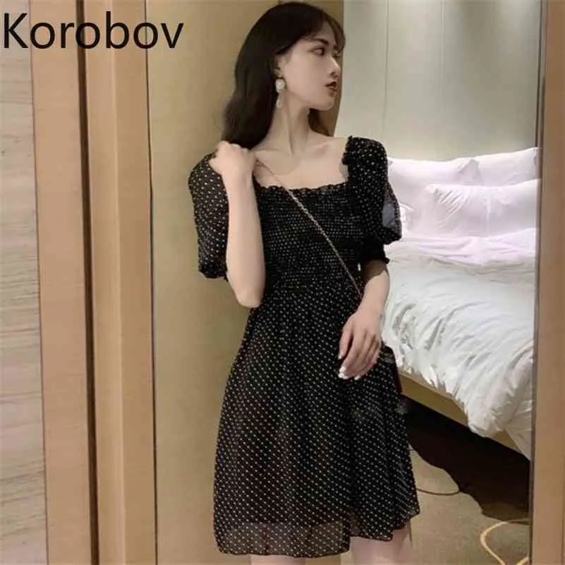 Korobov zomer nieuwe chique sexy dot zwarte jurk Koreaanse vierkante kraag bladerdeeg mouw jurken sexy streetwear vestidos mujer 210430